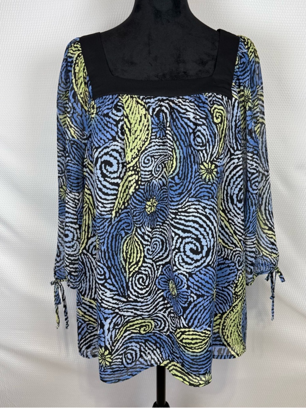 JM Collection Sz 16 Blue Green Abstract Square Neck Tunic 3/4 Tie Sleeves